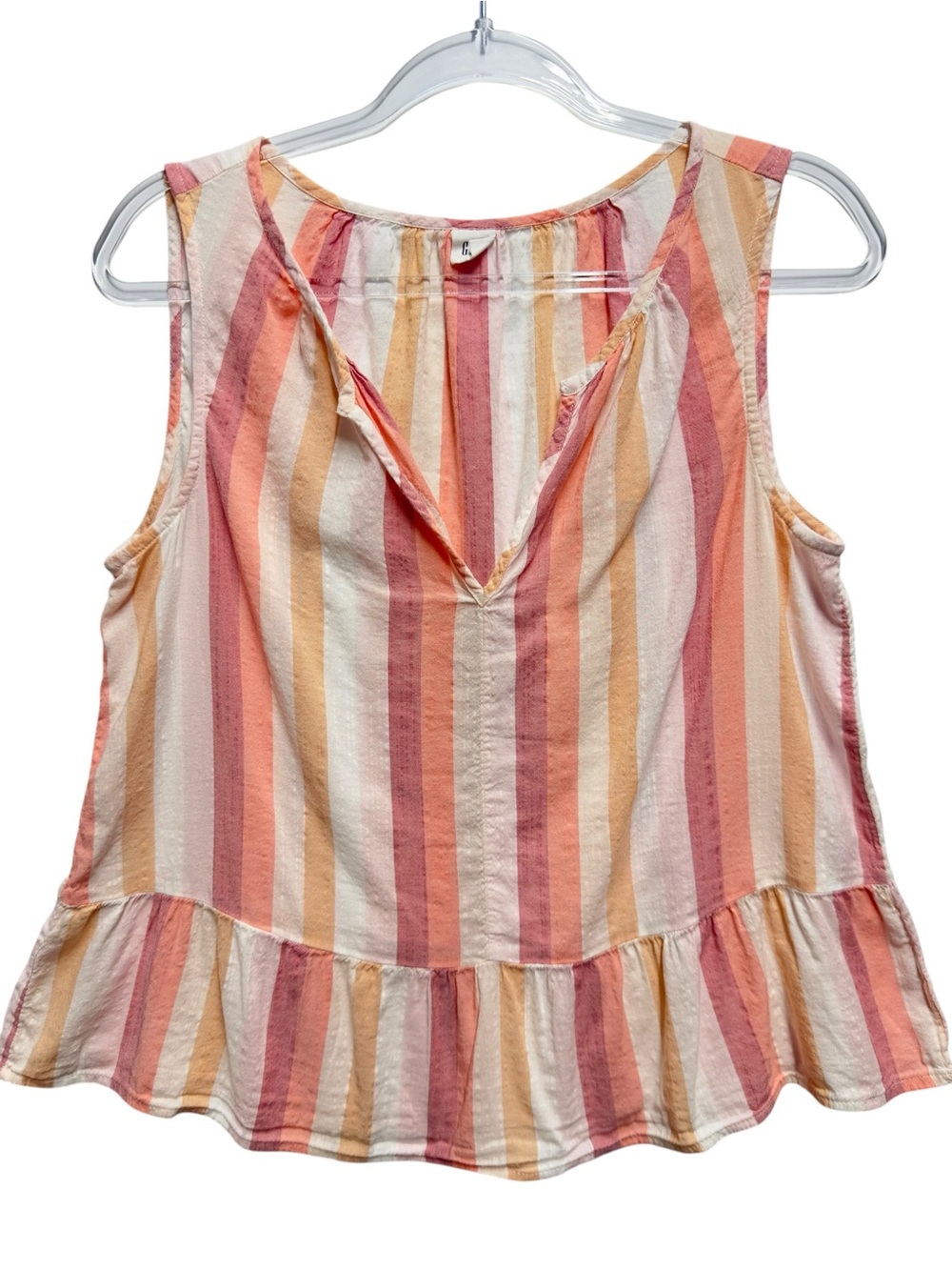 Pure Cotton Knit Chambray Twill Peplum Ruffle Striped Babydoll Tank Top Blouse